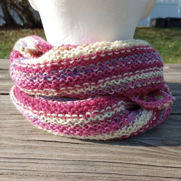 Women's Alpaca Wool Scarf Handmade Knit Pink Candy Swirl Yellow Striped - Picture 4 of 10